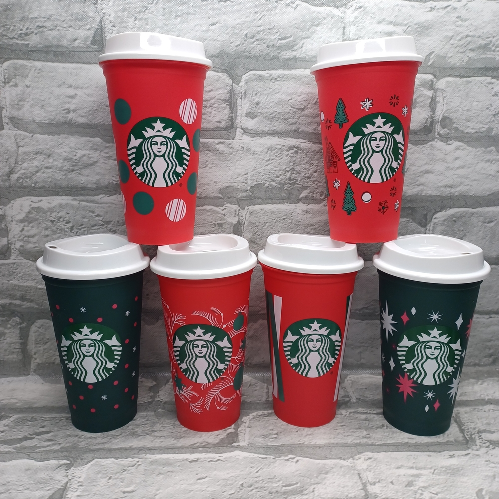 6 New Starbucks Red Plastic Christmas Holiday Cups & Lids 2013 16 fl oz